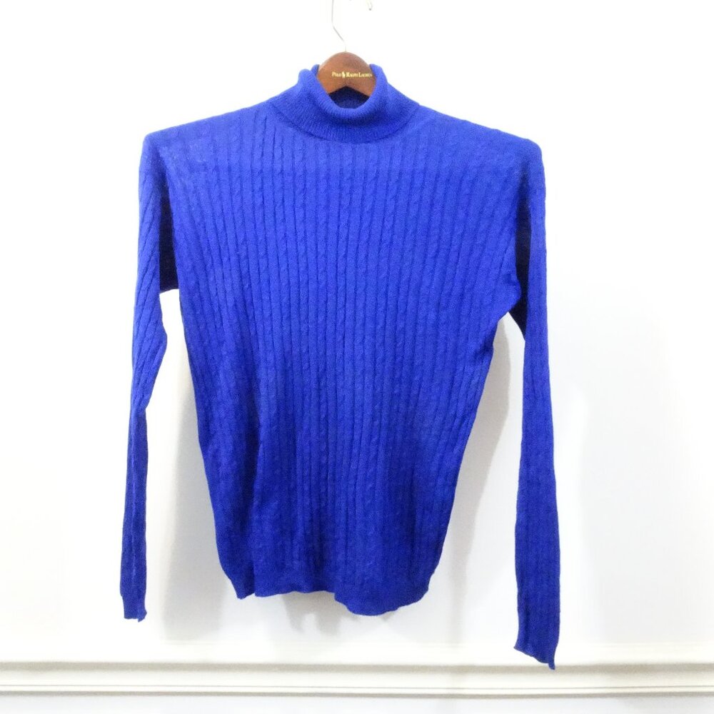 Vtg Kevo Royal Blue 100% Silk Knit Turtleneck Office Sz S Cable Knit Sweater